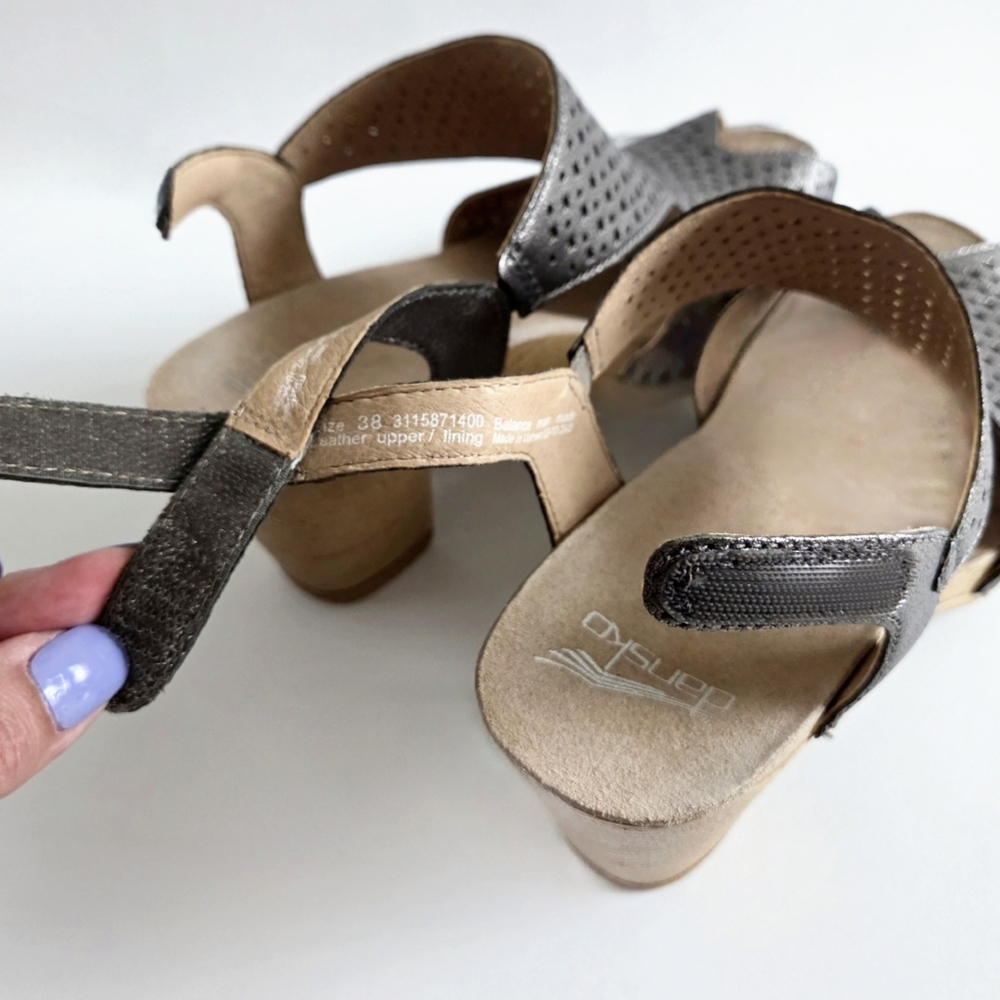 Dansko Teagan Heeled Sandals W/Peep Toe, Metallic Gunmetal Size 38 / US 7.5-8 - Picture 7 of 16